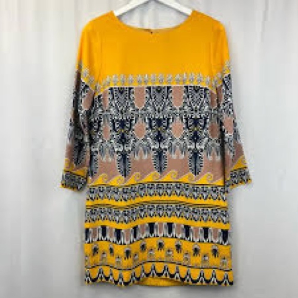 J.crew Womens Shift Dress Yellow Black Silk Jules Scroll Print Long, size 0